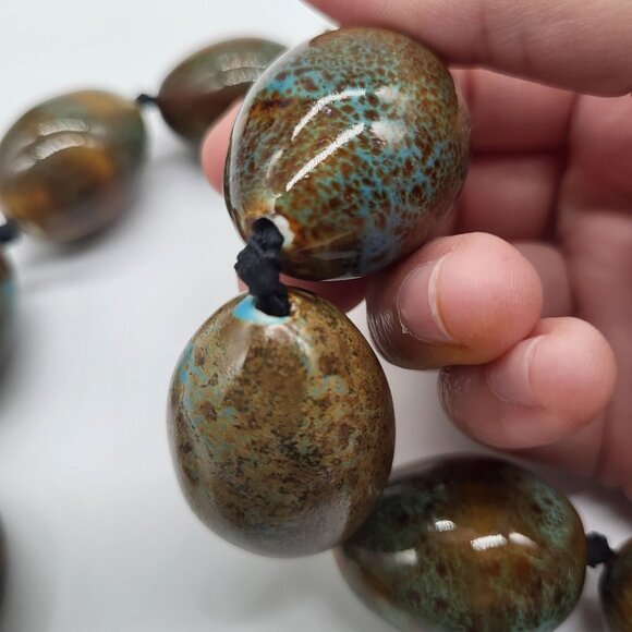 VTG Ceramic Heavy Bead Necklace Brown Turquoise Boho Statement - Picture 4 of 8